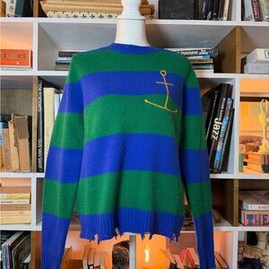 Green and Blue Striped Sweater with Anchor Detail